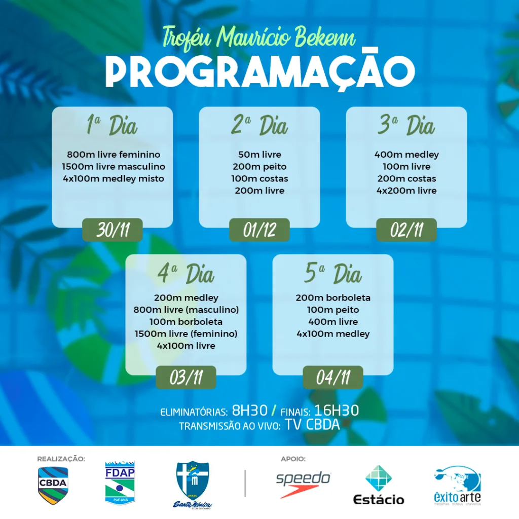 Com 678 atletas, Campeonato Brasileiro Infantil de Natação começa nesta terça em Colombo, no Paraná