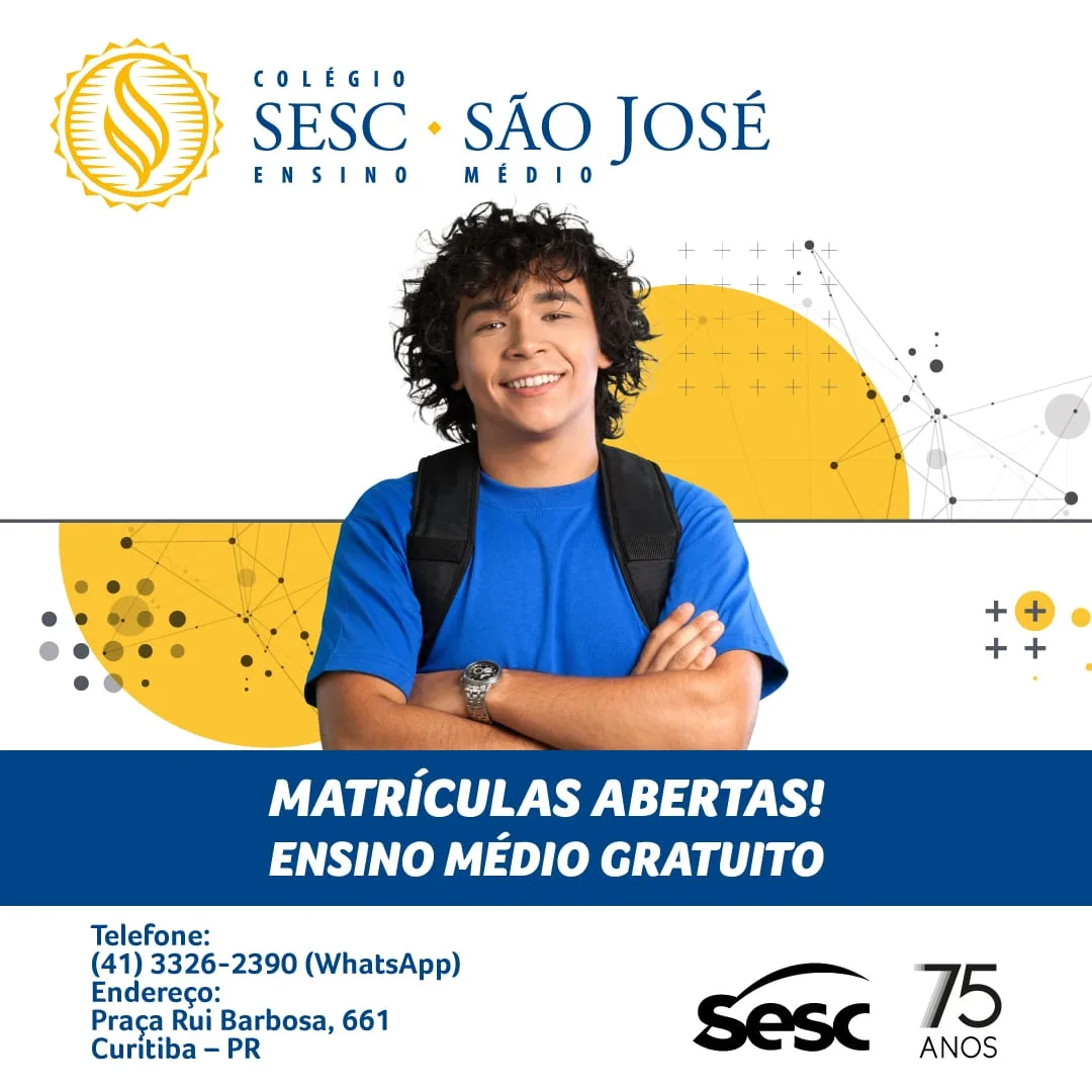Sesc PR e Grupo Bom Jesus ofertam vagas gratuitas para Ensino Médio em Curitiba