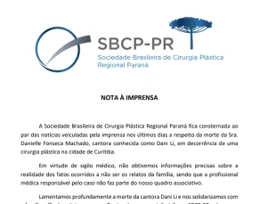NOTA À IMPRENSA: SBCP-PR se solidariza com familiares da cantora Dani Li, que faleceu após realizar cirurgia plástica em Curitiba