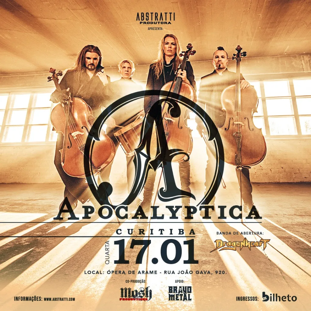 Violoncelos e Metal: Grupo finlandês Apocalyptica se apresenta na Ópera de Arame em Curitiba