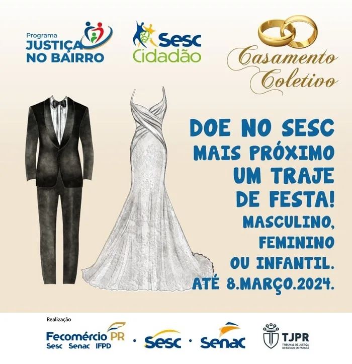 Doações de trajes para casamento coletivo podem ser feitas em unidades do Sesc PR da capital e RM