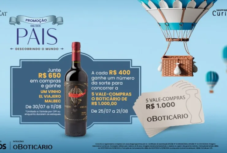 Dia dos Pais do Shopping Curitiba terá sorteios de compras do Boticário e vinho Malbec exclusivo