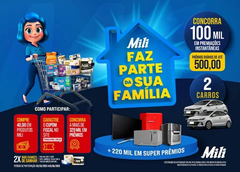 Claro! Aqui está uma versão mais curta:  **"Mili lança promoção com prêmios instantâneos e sorteios de até R$ 90 mil"**  Isso já está bem compacto, mas se precisar de algo ainda mais curto, posso tentar outra versão!