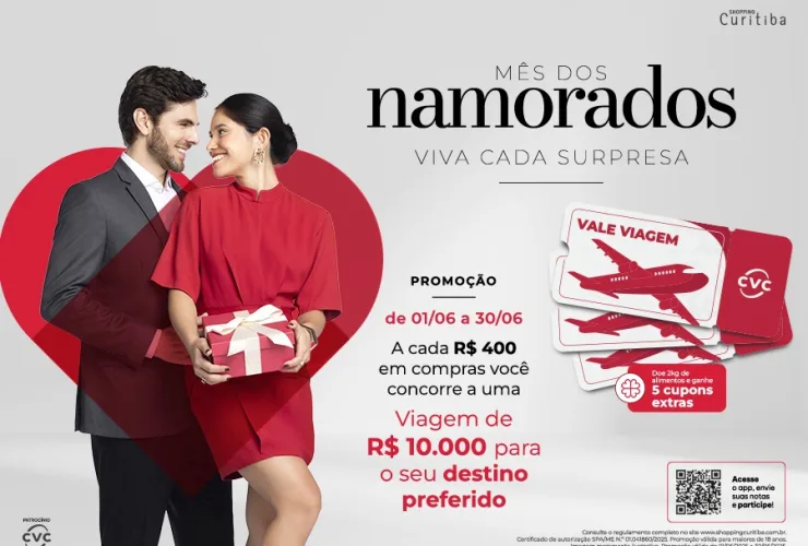 Últimos dias do sorteio do mês dos namorados do Shopping Curitiba