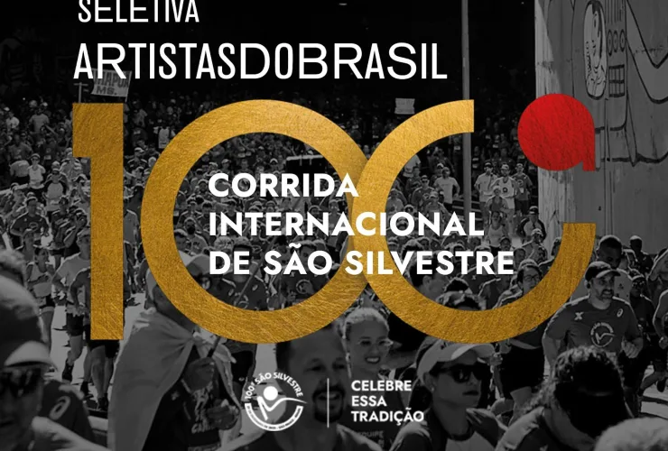 Arte da seletiva nacional promovida pela Artistas do Brasil para a 100ª São Silvestre, com destaque para ecobag oficial personalizada, prêmio de R$ 5 mil e chamada para participação de artistas visuais de todo o Brasil até 27 de julho de 2025.
