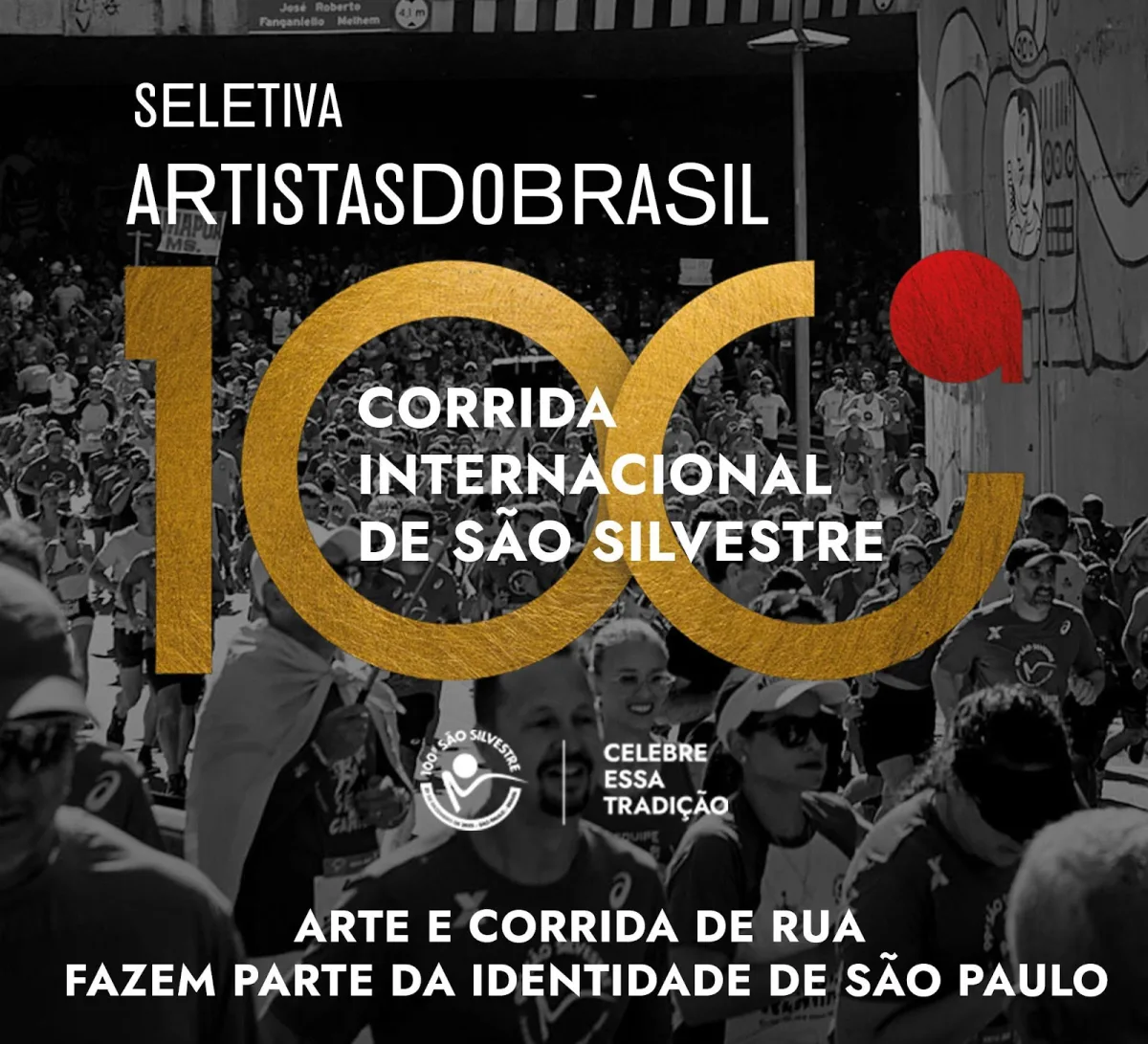Arte da seletiva nacional promovida pela Artistas do Brasil para a 100ª São Silvestre, com destaque para ecobag oficial personalizada, prêmio de R$ 5 mil e chamada para participação de artistas visuais de todo o Brasil até 27 de julho de 2025.