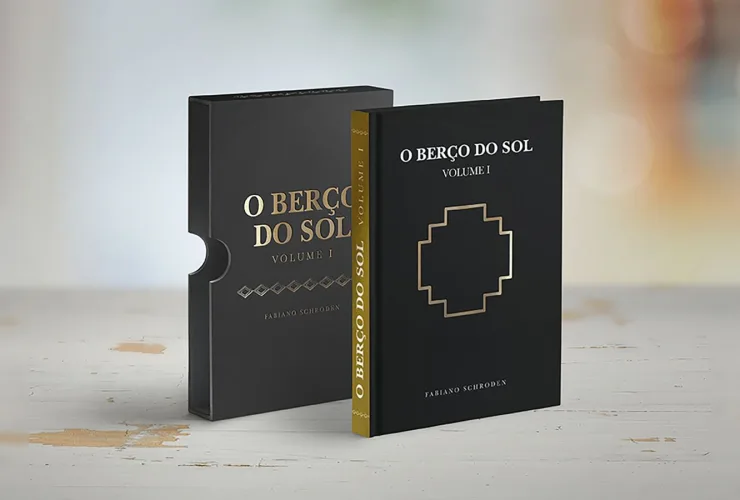 Capa do livro “O Berço do Sol”, de Fabiano Schroden, com elementos que remetem à Ásia e à costa brasileira