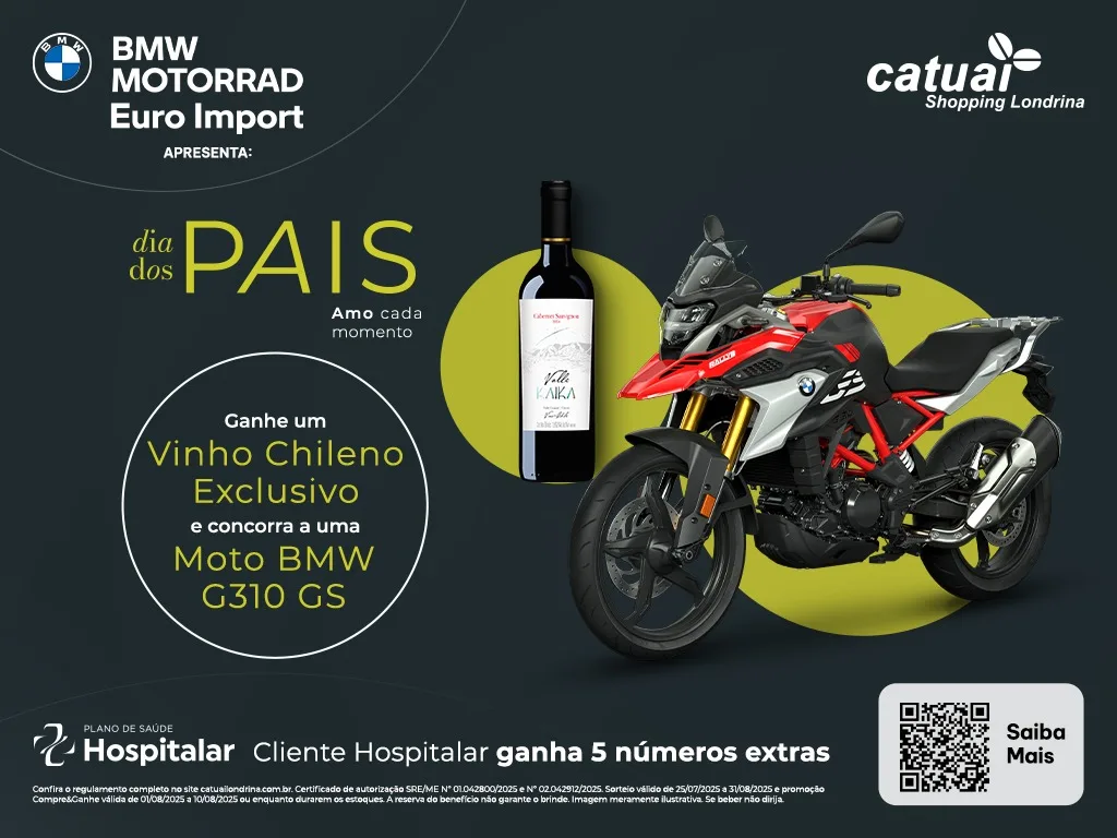 Dia dos Pais tem sorteio de uma moto BMW e Compre & Ganhe de vinho no Catuaí