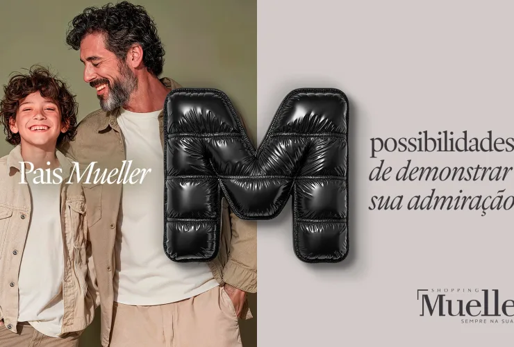 Motocicleta Harley-Davidson ao lado de uma nécessaire da marca Reserva nas cores preto, verde e vermelho, com fundo promocional do Shopping Mueller para o Dia dos Pais