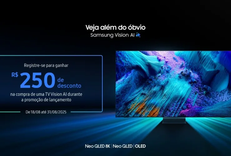 TV Vision AI 2025 da Samsung exibindo promoção de pré-registro com desconto exclusivo