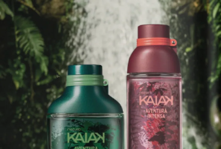 Frasco de Kaiak Aventura Intensa da Natura, disponível em versão masculina e feminina, feito com plástico reciclado do litoral brasileiro.
