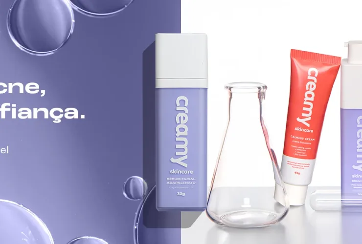 Produtos Creamy fórmulas Vitamina C Gold, Protetor Solar, Adapalenato e Peptide Cream expostos