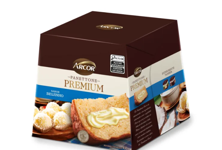 Panettone Arcor sabor Beijinho. Preço sugerido R$33,99