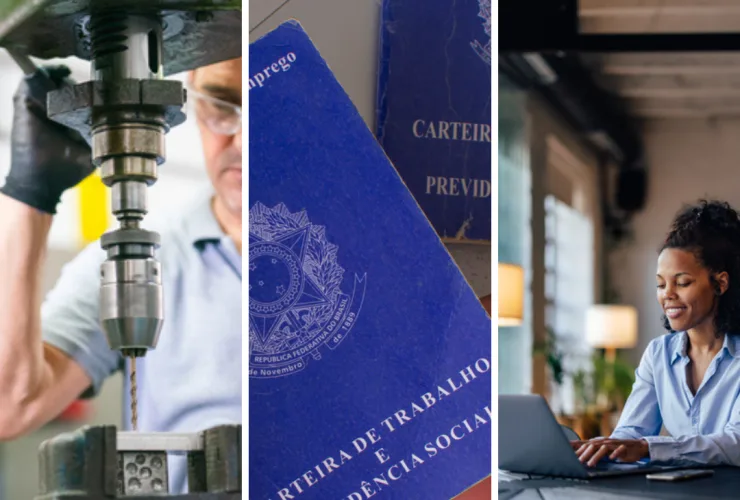 Pessoa digitando em laptop com documentos e carteira de trabalho sobre a mesa, simbolizando dúvidas sobre a CLT.