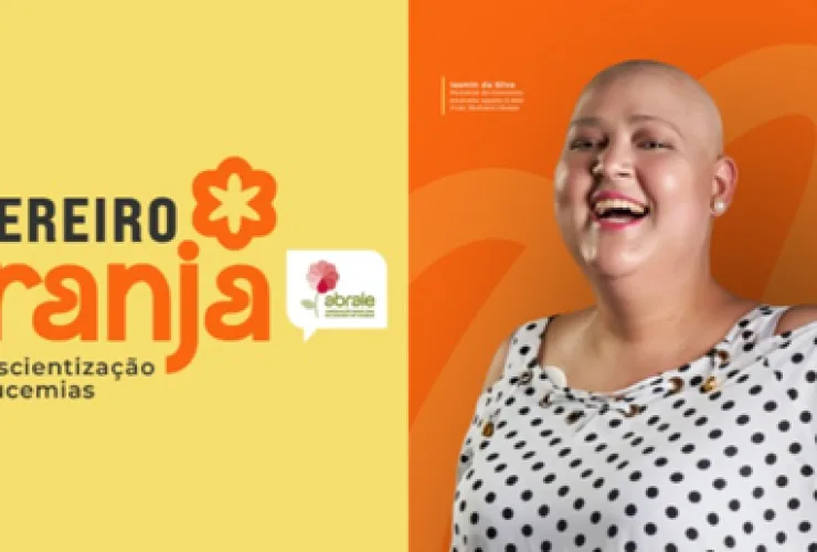 Laço laranja simbolizando a campanha Fevereiro Laranja sobre conscientização da leucemia, acompanhado de ícones representando sintomas e diagnóstico precoce.