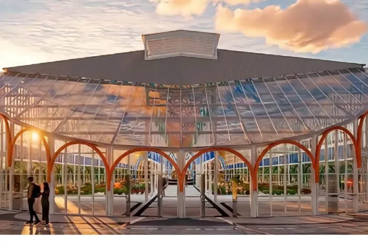 Projeto arquitetônico do novo Mercado de Flores da Ceasa Curitiba com estrutura metálica e praça central