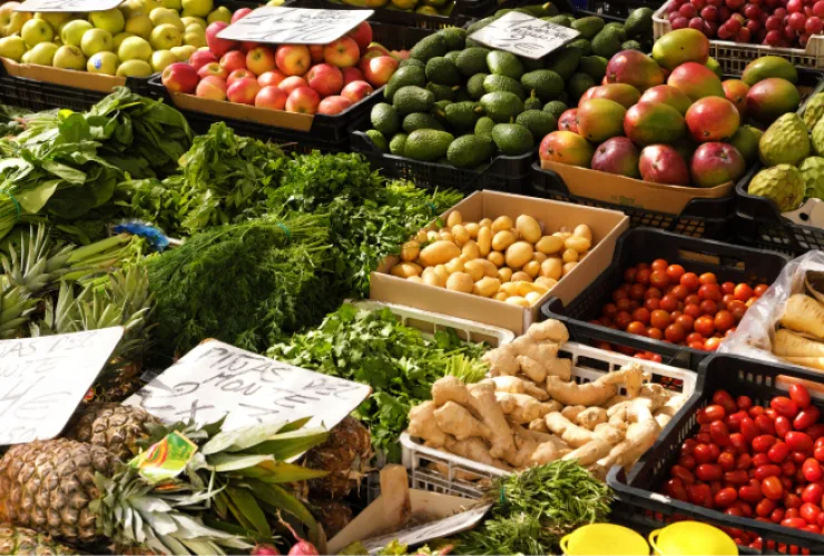 Pessoa escolhendo frutas, verduras e legumes frescos em feira livre para preparar receitas saudáveis