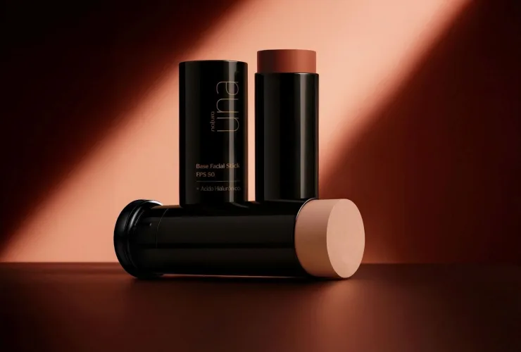 Natura Una Base Stick FPS 50 em bastão com acabamento natural aplicada na pele