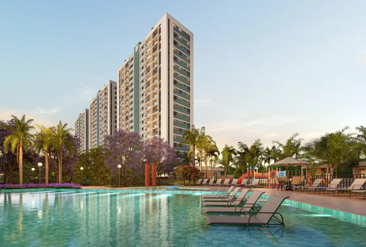 Empreendimento imobiliário moderno com torres residenciais próximas ao mar em Itapoá