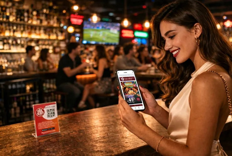 Pessoa utilizando aplicativo de bares em Curitiba para aproveitar promoção de bebidas em dobro