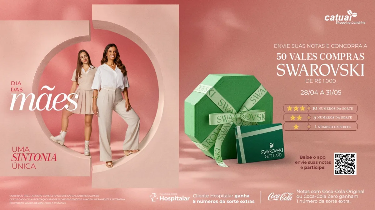 Dia das Mães: Catuaí sorteia 50 vales-compras de R$ 1 mil na Swarovski