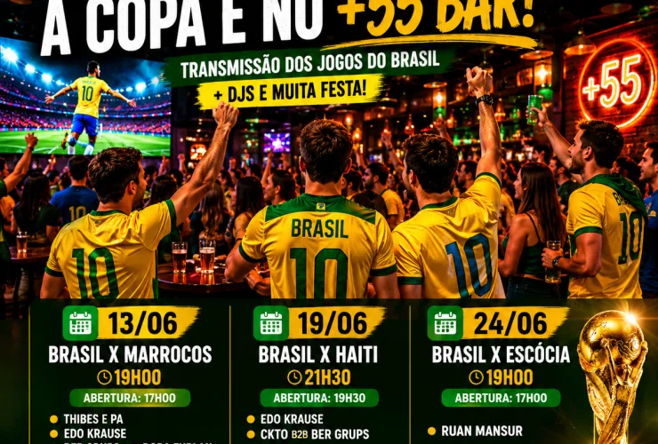Público reunido no +55 Bar em Curitiba assistindo jogos da Copa do Mundo com DJs