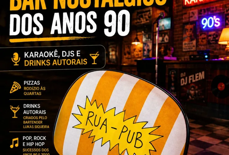 Interior do Rua Pub em Curitiba com ambiente retrô inspirado nos anos 90 e 2000, com karaokê, DJ e área de bar