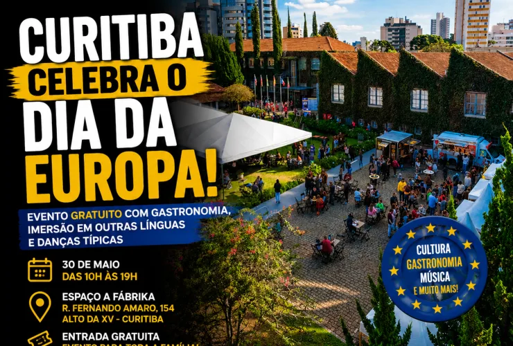 Evento Dia da Europa em Curitiba com apresentações culturais, gastronomia e público participando