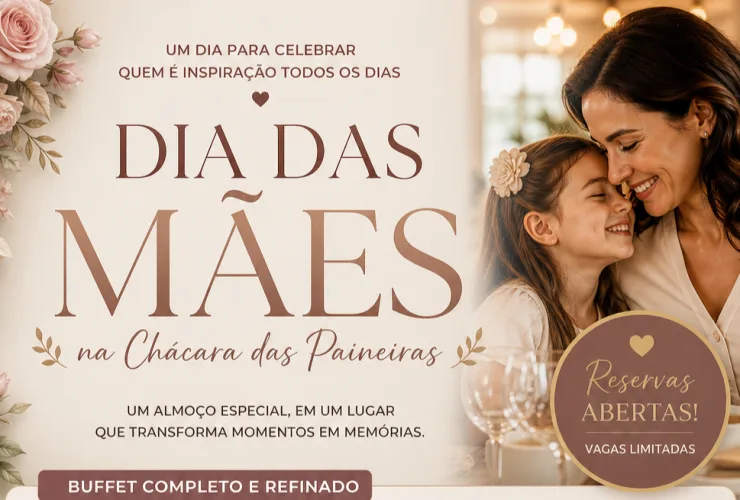 Buffet completo de Dia das Mães na Chácara das Paineiras em Curitiba com pratos variados, massas, carnes e culinária árabe