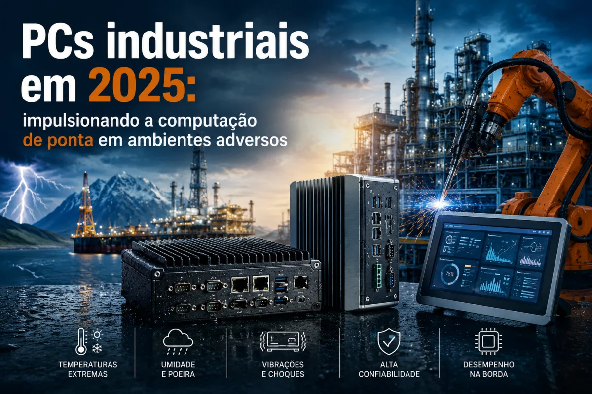 Equipamento de PC industrial em ambiente de fábrica com sistemas automatizados e tecnologia avançada