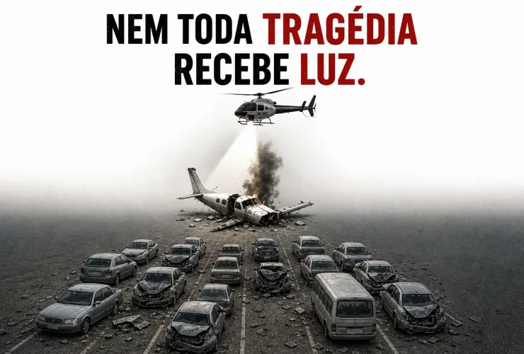Rodovia com trânsito intenso contrastando com avião em voo ao fundo simbolizando desigualdade na cobertura de acidentes