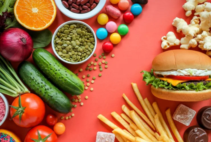 Imagem comparando alimentos ultraprocessados com produtos naturais, destacando rótulos e ingredientes