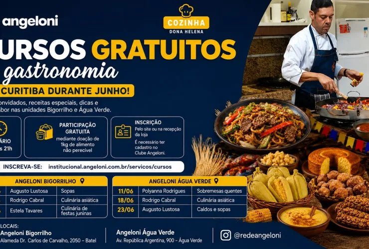 Cursos gratuitos de gastronomia do Angeloni em Curitiba nas unidades Bigorrilho e Água Verde
