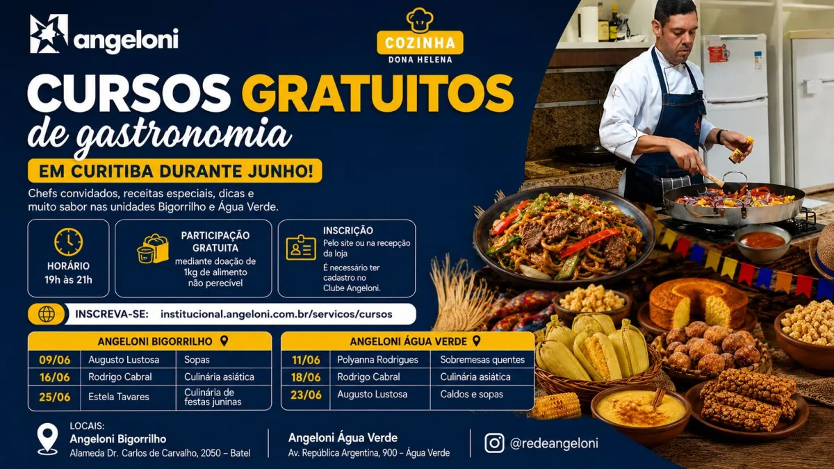 Cursos gratuitos de gastronomia do Angeloni em Curitiba nas unidades Bigorrilho e Água Verde