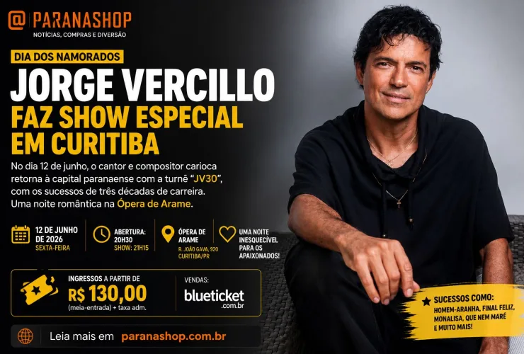 Jorge Vercillo apresenta a turnê JV30 na Ópera de Arame em Curitiba no Dia dos Namorados