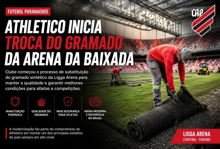 Trabalhadores realizam a substituição do gramado da Arena da Baixada, estádio do Athletico Paranaense, em Curitiba.