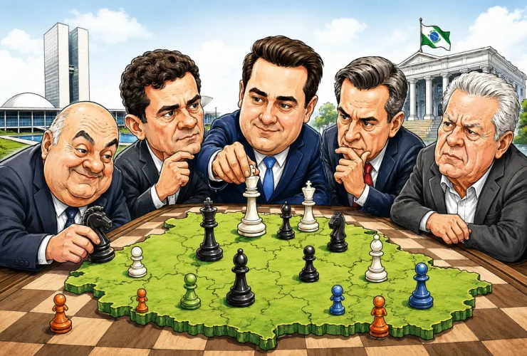Ilustração fotojornalística mostrando o Centro Cívico de Curitiba ao entardecer, com lideranças políticas conversando discretamente nos corredores do poder, simbolizando os bastidores da sucessão estadual.