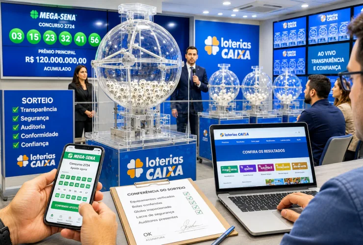 Bolas numeradas sendo sorteadas em globo transparente durante apuração de loteria, com apostadores acompanhando o resultado em ambiente digital.