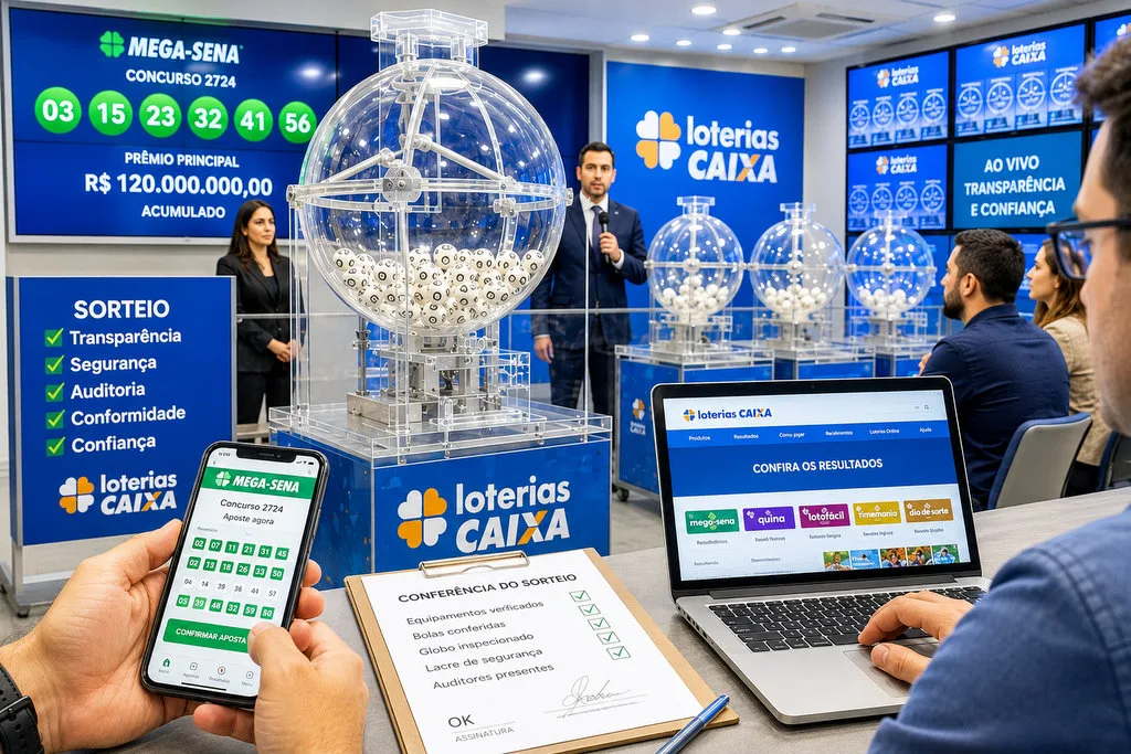 Bolas numeradas sendo sorteadas em globo transparente durante apuração de loteria, com apostadores acompanhando o resultado em ambiente digital.
