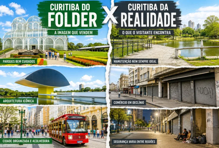 Ilustração editorial compara os cartões-postais de Curitiba, como Jardim Botânico, Museu Oscar Niemeyer e Linha Turismo, com cenas do centro da cidade, discutindo se o turismo de Curitiba corresponde à imagem promovida pelas campanhas oficiais.