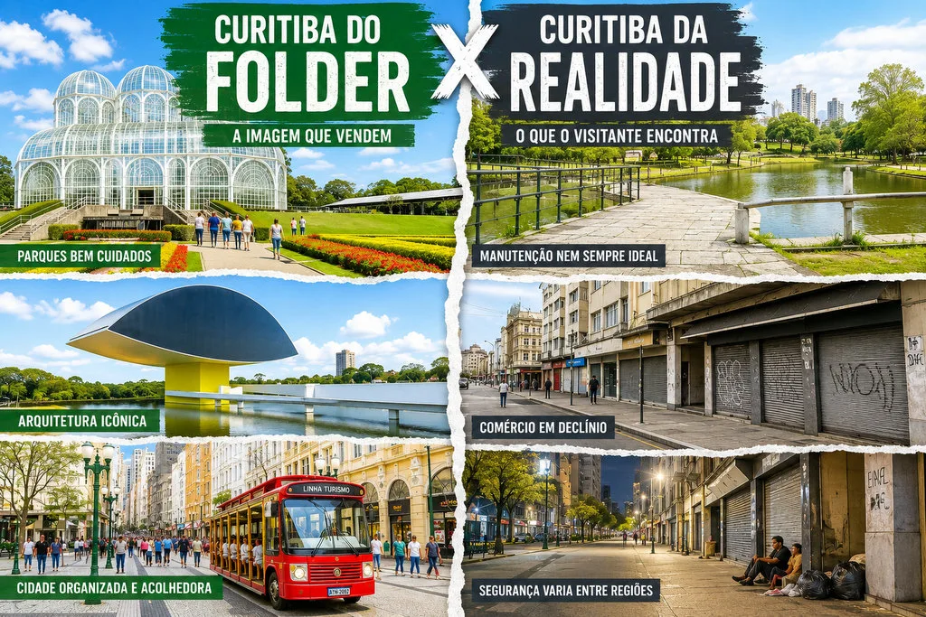 Ilustração editorial compara os cartões-postais de Curitiba, como Jardim Botânico, Museu Oscar Niemeyer e Linha Turismo, com cenas do centro da cidade, discutindo se o turismo de Curitiba corresponde à imagem promovida pelas campanhas oficiais.