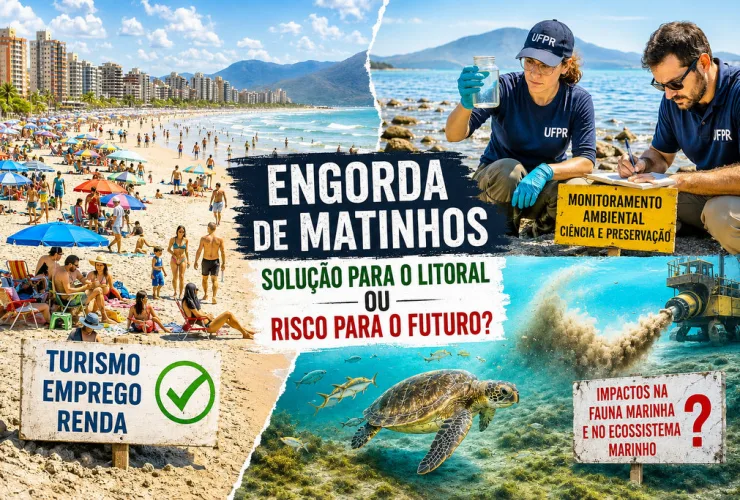 Vista aérea da nova faixa de areia da praia de Matinhos com banhistas, mar azul e obras de revitalização do litoral paranaense.