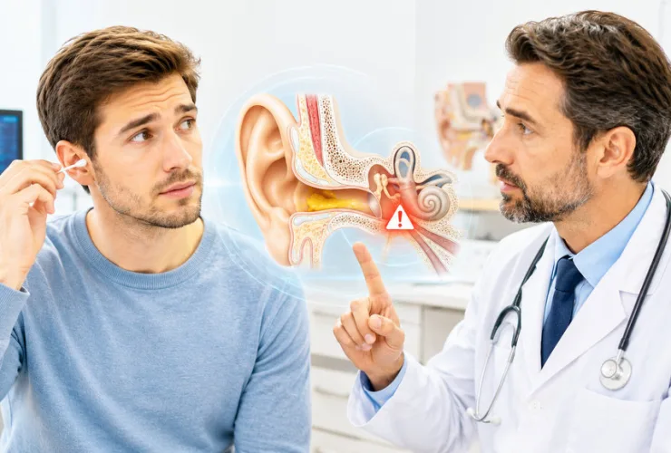 Pessoa segurando um cotonete próximo ao ouvido enquanto um médico alerta para os riscos da limpeza inadequada.