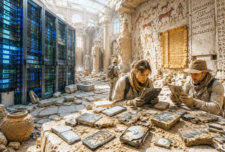 Corredores de um grande data center se transformando gradualmente em cavernas antigas, simbolizando a perda da memória digital da humanidade.