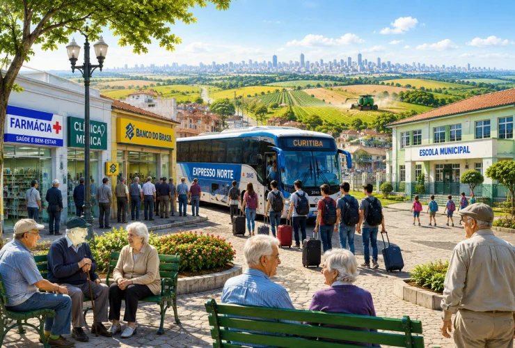 Praça de cidade do interior do Paraná com predominância de idosos enquanto jovens embarcam para centros urbanos, simbolizando o envelhecimento populacional.