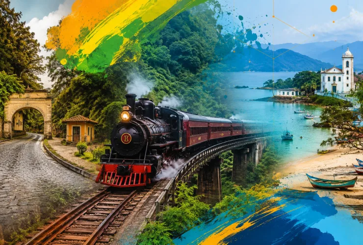 Trem a vapor sobre ponte em vale verde, ao lado de lago azul e igreja branca, com pinceladas coloridas no fundo.