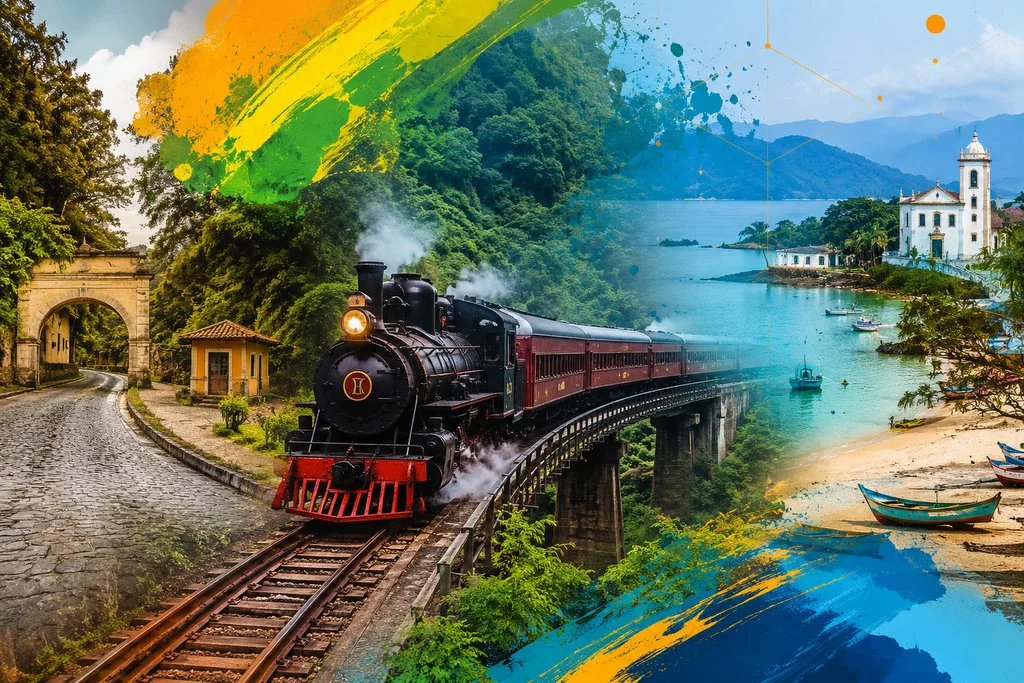 Trem a vapor sobre ponte em vale verde, ao lado de lago azul e igreja branca, com pinceladas coloridas no fundo.