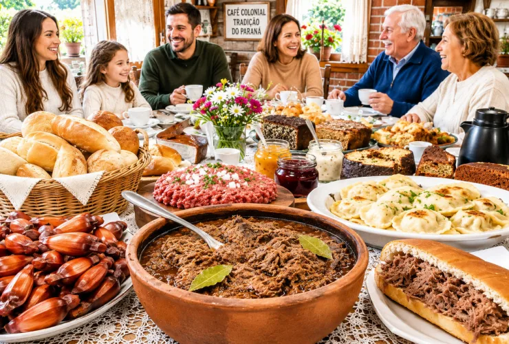 Mesa com pratos típicos do Paraná, incluindo barreado, pierogi, pão no bafo e carne de onça, representando a diversidade gastronômica do estado.