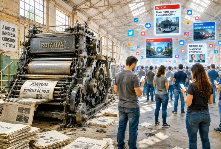 Antiga gráfica com rotativas paradas enquanto pessoas acompanham notícias por smartphones e redes sociais.