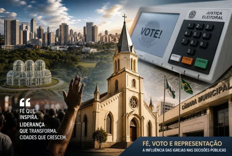 Líder religioso discursando para fiéis em um templo enquanto cidadãos acompanham debate sobre eleições municipais.